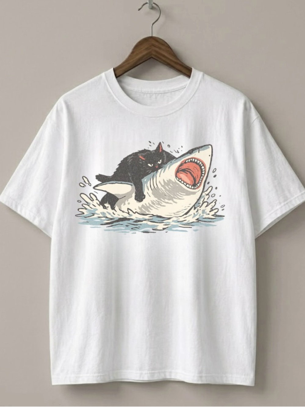 Black Cat Biting Shark Funny Meme Animal Print Tee - Gildan 5000